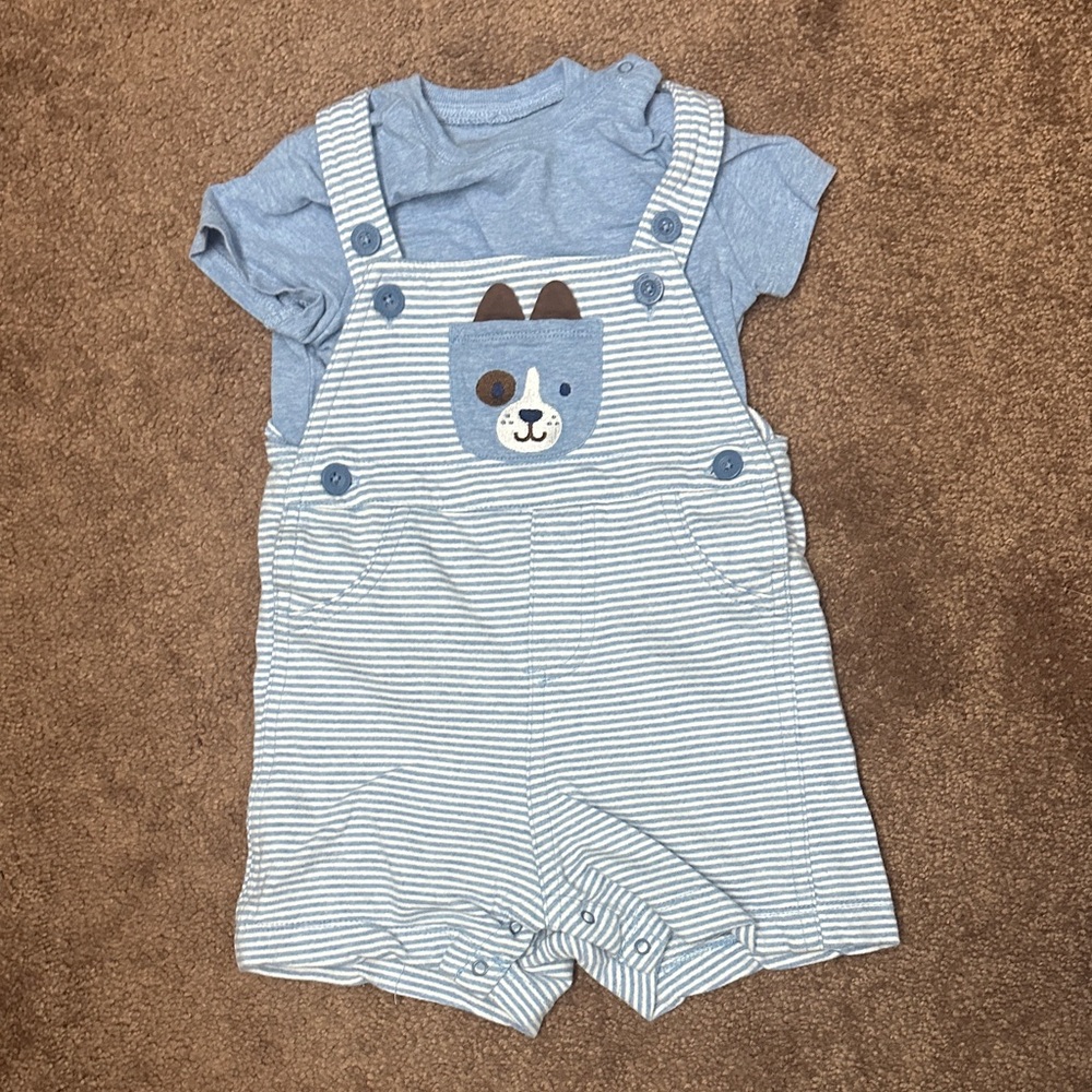Little Me Blue Striped Overalls with Dog Design